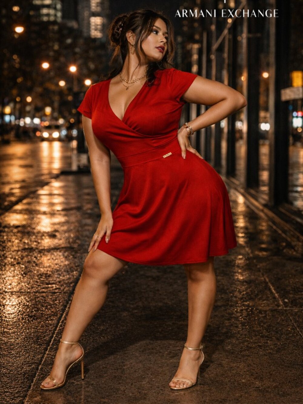 Armani Exchange Red Fit & Flare Dress V-Neck Cap Sleeve Mini XL